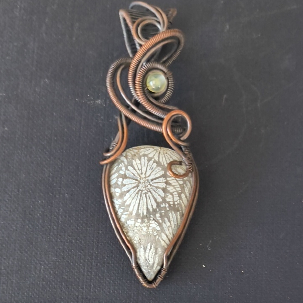 Two-toned Copper Wire Wrapped Fossil Coral Pendant